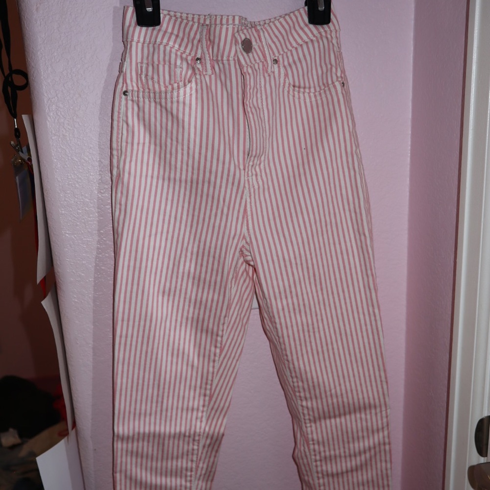 Stradivarius jeans, pink and white stripes, skinny jeans